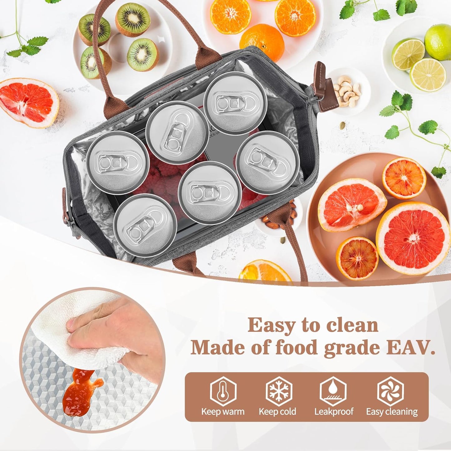 Lunch Bag Women Insulated Lunch Box Wide-Open Lunch Tote Bag Large Drinks Holder Durable Nylon Thermal Snacks Organizer for Men Adults Work Picnic Hiking Beach Fishing,Grey