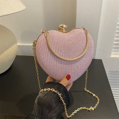 Heart-Shaped Evening Clutch Bag for Women – Shiny Metal Handbag with Chain Strap, Luxury Crossbody Purse for Parties