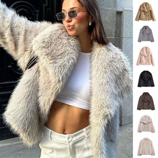 Women's Winter Plush Coat – Thick Lapel Casual Outerwear with Long Sleeves