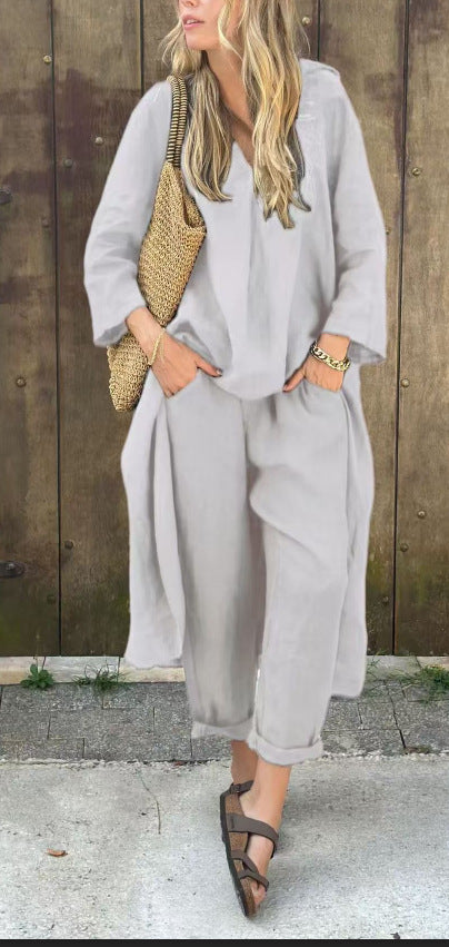 2-Piece Women’s V-Neck Suit Set – Long Sleeve Top & High-Waisted Wide Leg Pants with Pockets