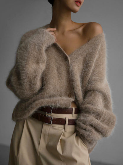 Women’s V-Neck Button Cardigan – Loose Knit Fall/Winter Sweater Top
