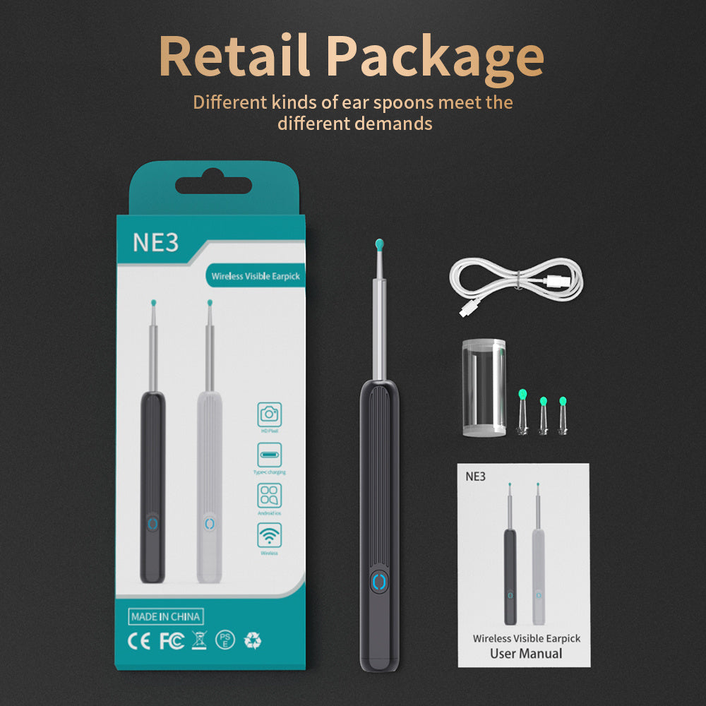 NE3 Wireless Ear Wax Removal Tool with Camera – LED Otoscope Ear Cleaner Kit for iPhone & Android