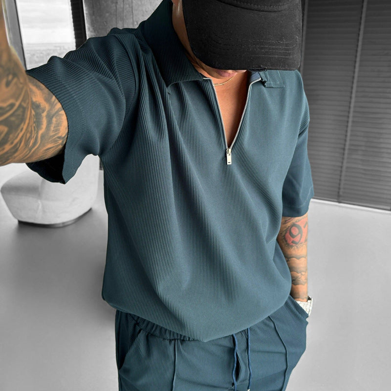 Men's Summer 2-Piece Set – Zipper Polo Shirt & Drawstring Shorts Casual Outfit