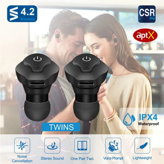 In-Ear Stereo Bluetooth Earbuds – IP44 Waterproof Wireless Headphones with Noise Reduction & Mic