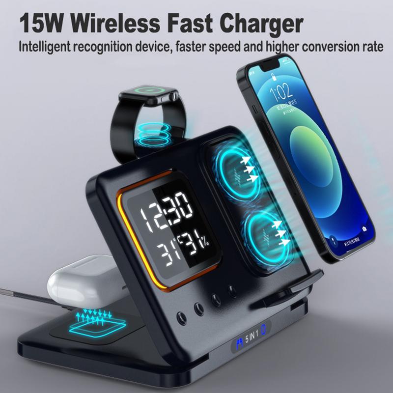 5-in-1 Wireless Charging Station – 15W Fast Charger Stand with LED Digital Alarm Clock