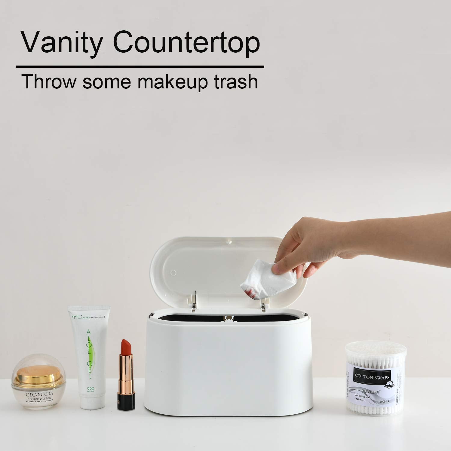 Mini Trash Can with Lid,Small Desk Trash Can,Countertop Mini Garbage Cans,Tiny Waste Basket,White,With 3 Roll Bags