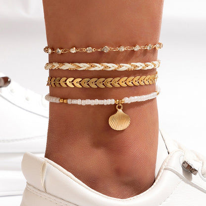 4-Piece Bohemian Anklet Set – Woven Rope & Geometric Alloy Foot Chains with Black Beads for Women