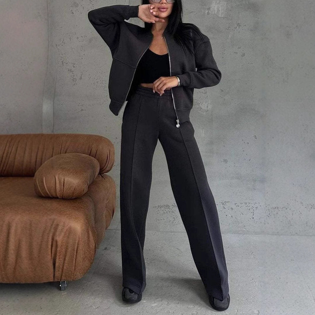 Women's Two-Piece Sports Suit – Zipper Jacket & Wide Leg Pants Set