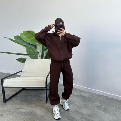 Women's Jogger Tracksuit Set – Zipper Stand Collar Cardigan & Drawstring Pants with Pockets
