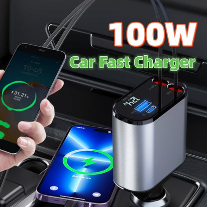 100W Metal Car Charger – Super Fast USB & Type-C Cigarette Lighter Adapter
