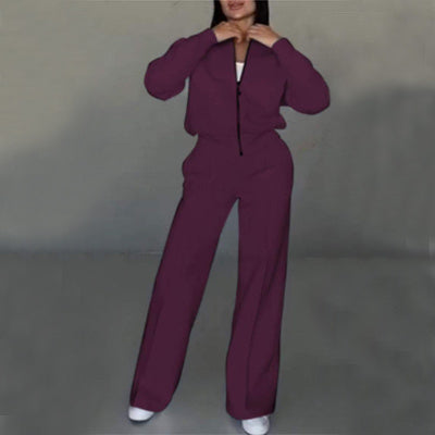 Women's Two-Piece Sports Suit – Zipper Jacket & Wide Leg Pants Set