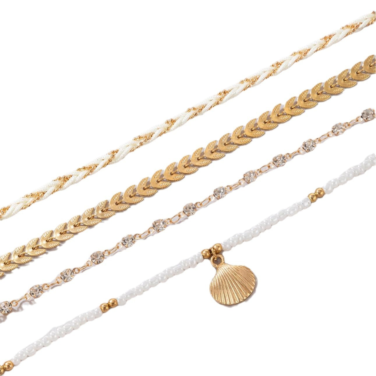 4-Piece Bohemian Anklet Set – Woven Rope & Geometric Alloy Foot Chains with Black Beads for Women
