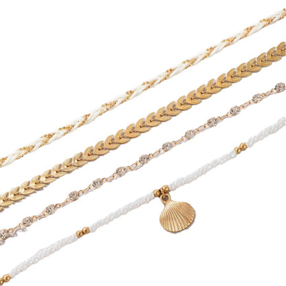 4-Piece Bohemian Anklet Set – Woven Rope & Geometric Alloy Foot Chains with Black Beads for Women