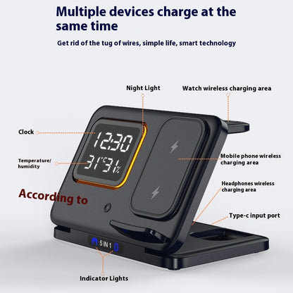 5-in-1 Wireless Charging Station – 15W Fast Charger Stand with LED Digital Alarm Clock