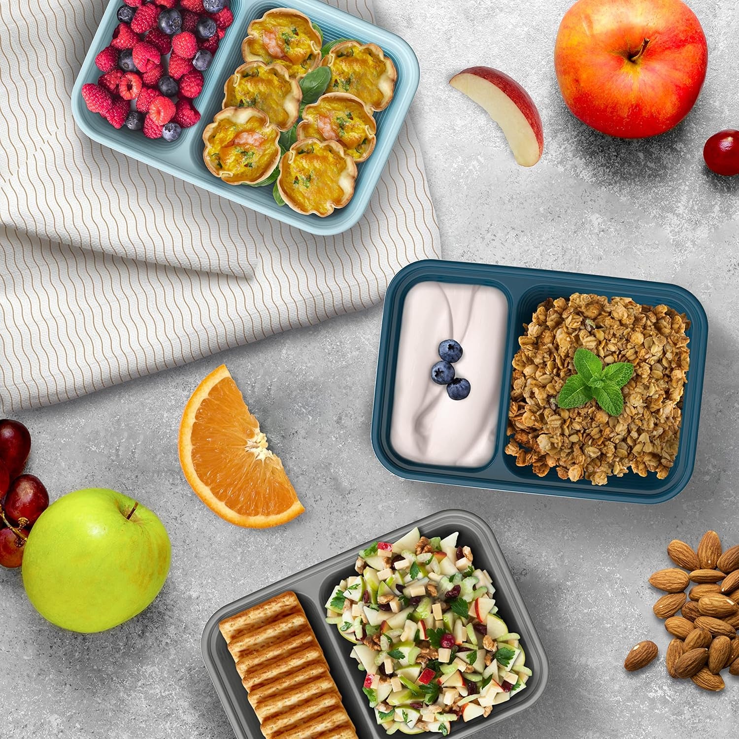 Prep - 2-Compartment Snack Containers with Custom-Fit Lids - Reusable, Microwaveable, Durable BPA -Free, Freezer and Dishwasher-Safe Meal Prep Food Storage - 10 Trays & 10 Lids (Sky)