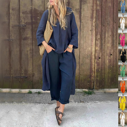 2-Piece Women’s V-Neck Suit Set – Long Sleeve Top & High-Waisted Wide Leg Pants with Pockets