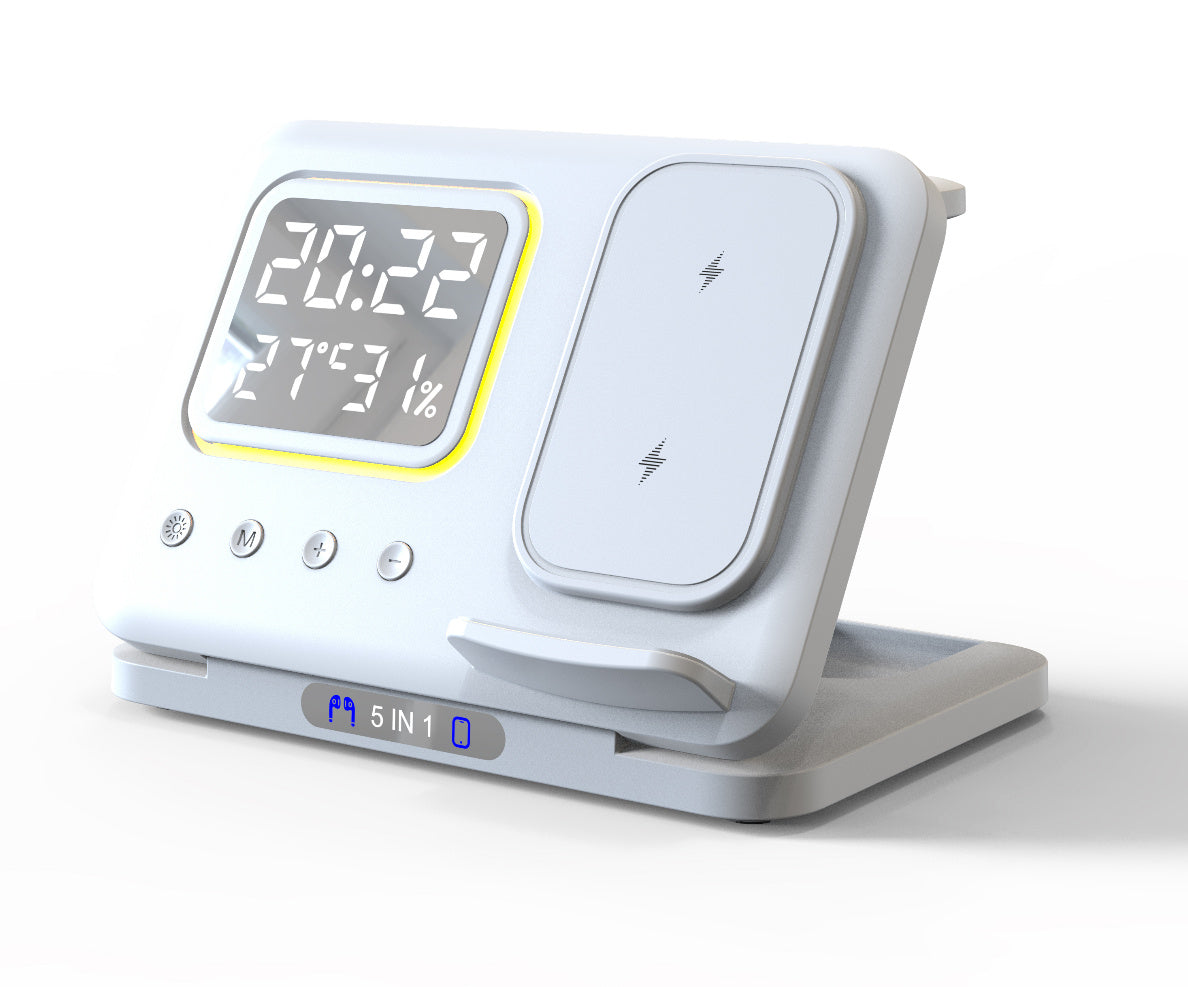 5-in-1 Wireless Charging Station – 15W Fast Charger Stand with LED Digital Alarm Clock