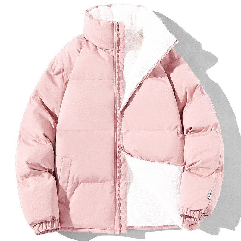 Unisex Stand-Up Collar Winter Jacket – Thickened Plush Coat with Pockets for Couples