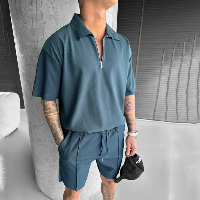 Men's Summer 2-Piece Set – Zipper Polo Shirt & Drawstring Shorts Casual Outfit