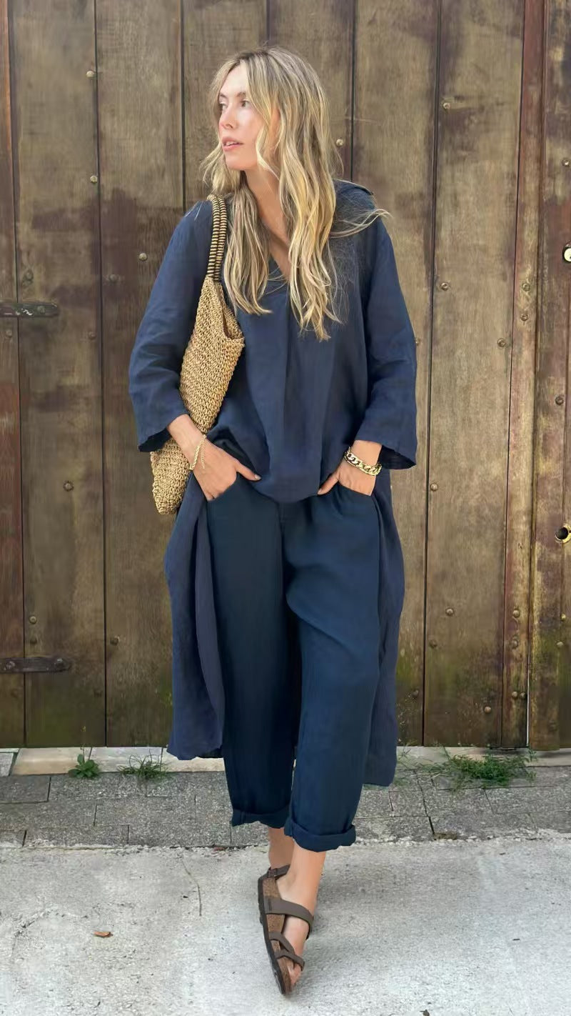 2-Piece Women’s V-Neck Suit Set – Long Sleeve Top & High-Waisted Wide Leg Pants with Pockets