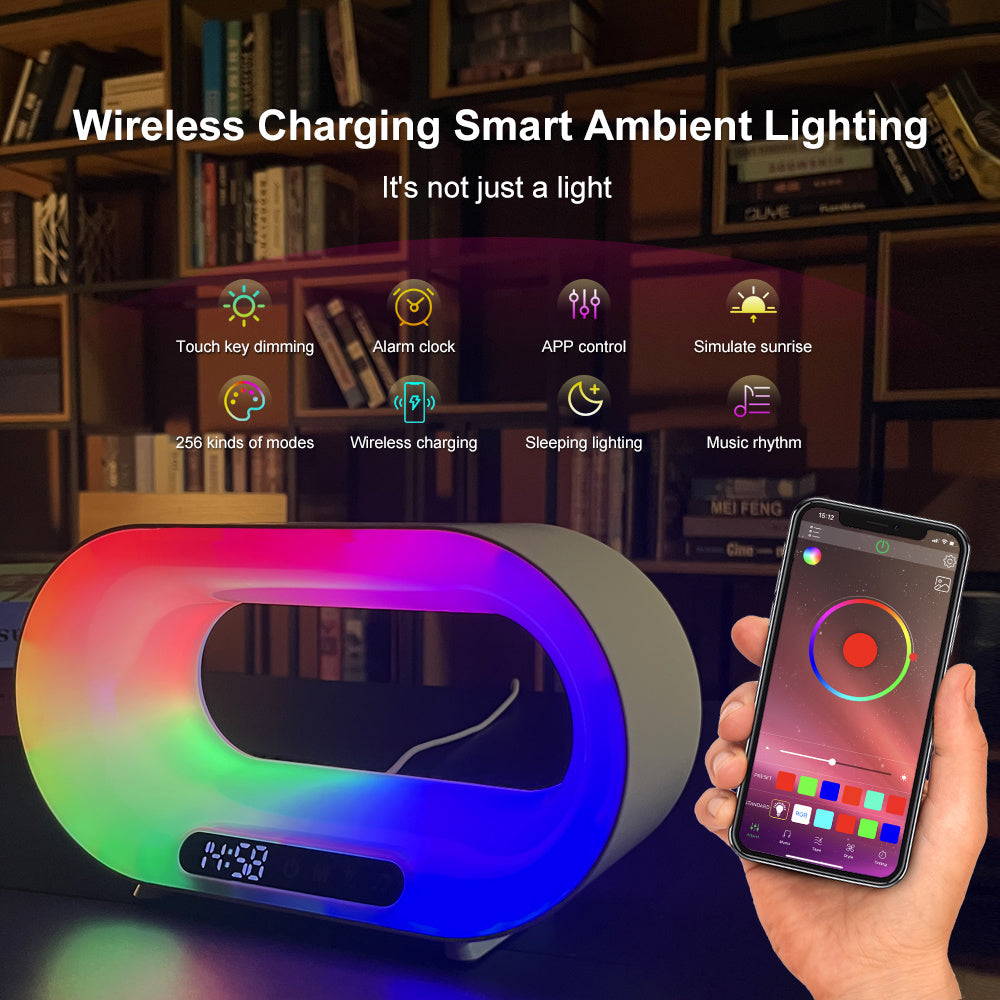 3-in-1 Smart LED Night Light – RGB Atmosphere Lamp, Wireless Charger & Alarm Clock with APP Control