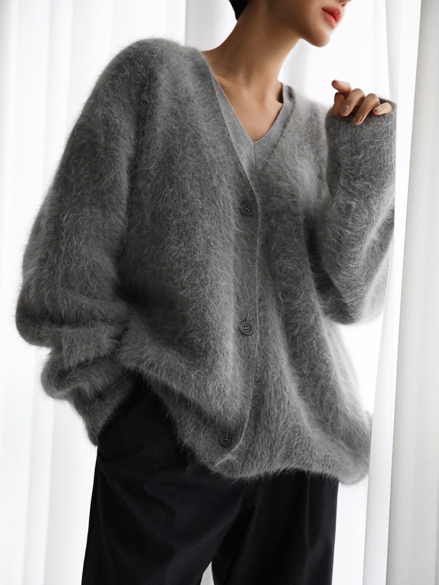 Women’s V-Neck Button Cardigan – Loose Knit Fall/Winter Sweater Top