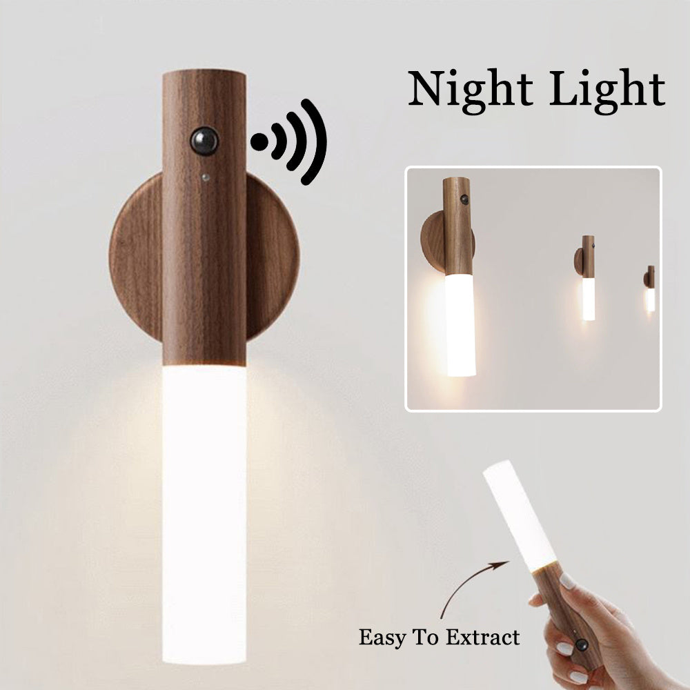 Magnetic Wireless LED Night Light – USB Rechargeable Wooden PIR Motion Sensor Lamp for Hallways, Cabinets & Porches