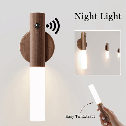 Magnetic Wireless LED Night Light – USB Rechargeable Wooden PIR Motion Sensor Lamp for Hallways, Cabinets & Porches