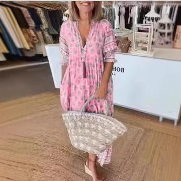 Women’s Bohemian Print Maxi Dress – Summer V-Neck Ruffle Long Dress with Lantern Sleeves