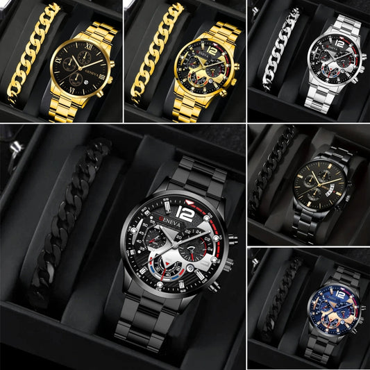 Men's 2-Piece Quartz Watch & Bracelet Set – Fashion Steel Strap Business Watch with Three-Eye Dial