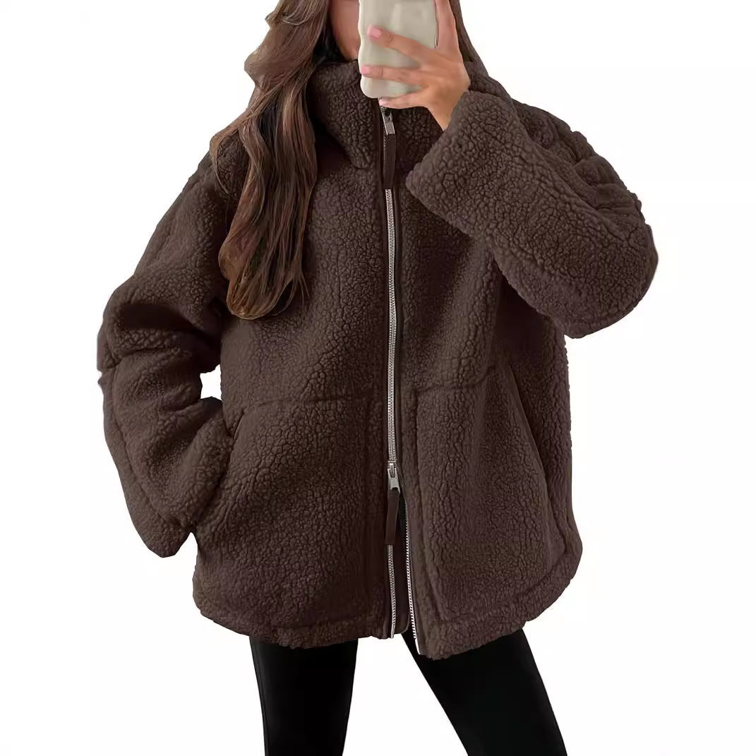 Women's Winter Lapel Zip-Up Fleece Jacket – Casual Solid Coat with Pockets, Long Sleeves