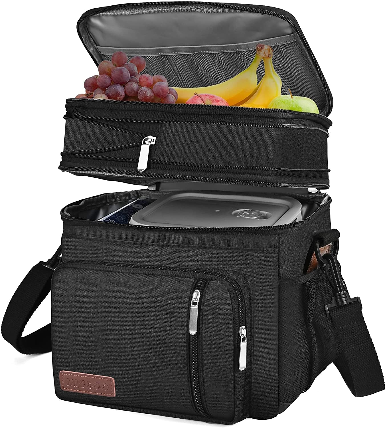 Lunch Bag for Women Men Double Deck Lunch Box - Leakproof Insulated Soft Large Lunch Cooler Bag,  (Black,15L)