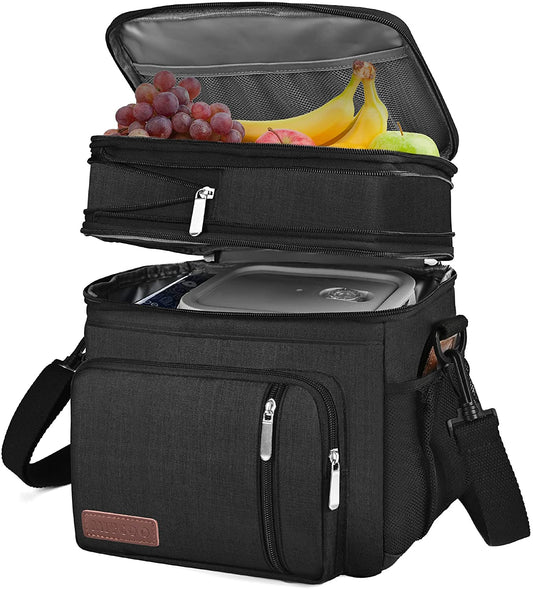 Lunch Bag for Women Men Double Deck Lunch Box - Leakproof Insulated Soft Large Lunch Cooler Bag,  (Black,15L)