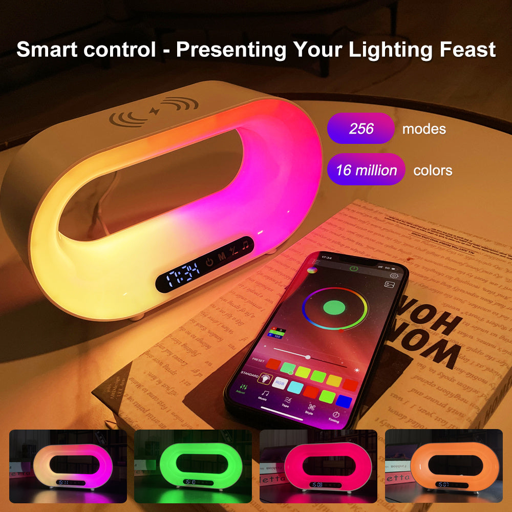 3-in-1 Smart LED Night Light – RGB Atmosphere Lamp, Wireless Charger & Alarm Clock with APP Control