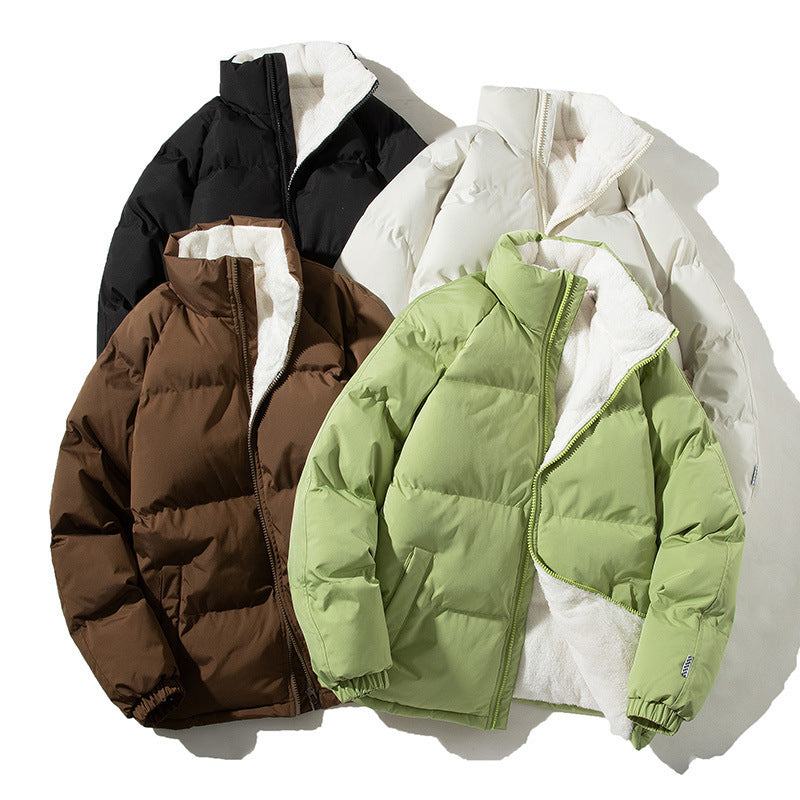 Unisex Stand-Up Collar Winter Jacket – Thickened Plush Coat with Pockets for Couples