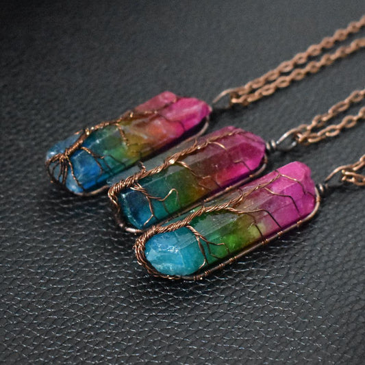 Tree of Life Crystal Pillar Pendant Necklace – Boho Stone Charm Jewelry for Women