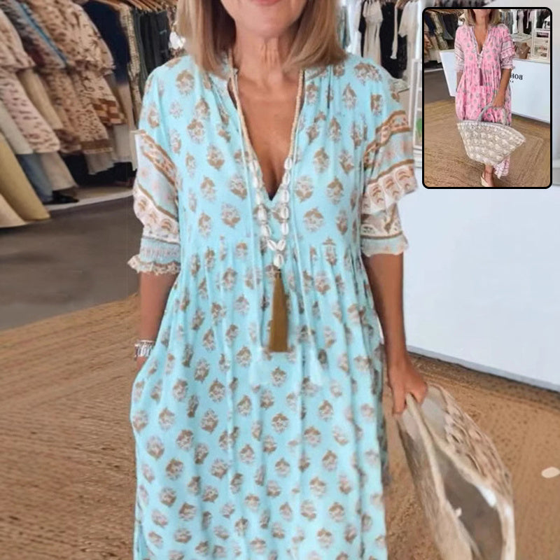 Women’s Bohemian Print Maxi Dress – Summer V-Neck Ruffle Long Dress with Lantern Sleeves