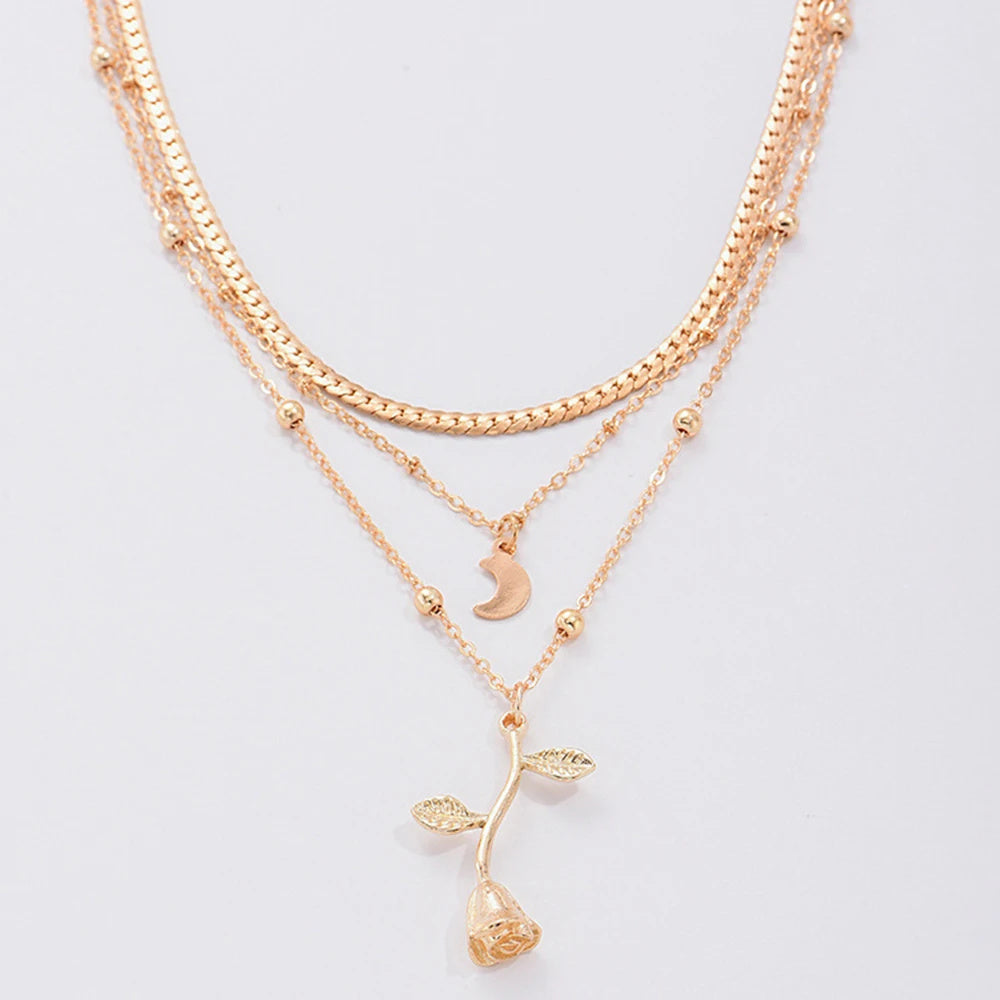 Bohemian Layered Moon & Rose Pendant Necklace – Gold Choker for Women, Fashion Jewelry Gift