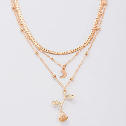 Bohemian Layered Moon & Rose Pendant Necklace – Gold Choker for Women, Fashion Jewelry Gift