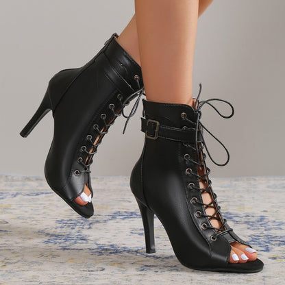 Women’s Peep Toe High Heel Sandals – Lace-Up Buckle Pumps with Back Zipper Design