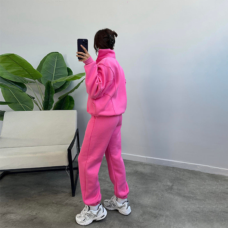 Women's Jogger Tracksuit Set – Zipper Stand Collar Cardigan & Drawstring Pants with Pockets