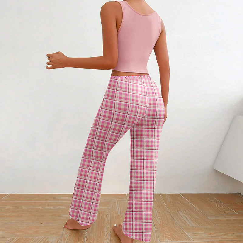 Women’s 2-Piece Plaid Pajama Set – Sleeveless Letter Print Top & Color-Block Trousers, Spring/Summer Loungewear