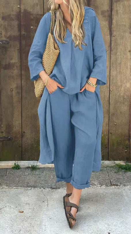 2-Piece Women’s V-Neck Suit Set – Long Sleeve Top & High-Waisted Wide Leg Pants with Pockets