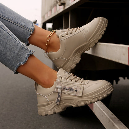 Women's Lace-Up Sports Sneakers – Thick-Soled Round Toe Shoes with Side-Zipper Design