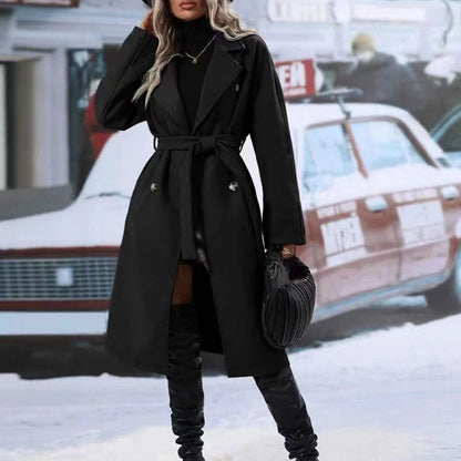 Women's Winter Trench Coat – Long Solid Color Belted Jacket with Lapel Collar