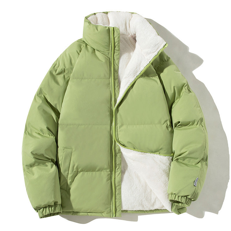 Unisex Stand-Up Collar Winter Jacket – Thickened Plush Coat with Pockets for Couples