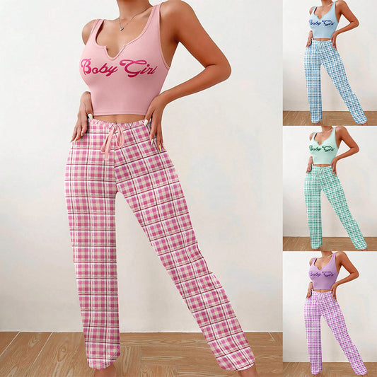 Women’s 2-Piece Plaid Pajama Set – Sleeveless Letter Print Top & Color-Block Trousers, Spring/Summer Loungewear