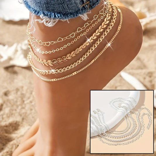 5-Piece Bohemian Anklet Set – Heart & Chain Designs for Women’s Summer Beach Foot Jewelry
