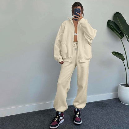 Women's Jogger Tracksuit Set – Zipper Stand Collar Cardigan & Drawstring Pants with Pockets