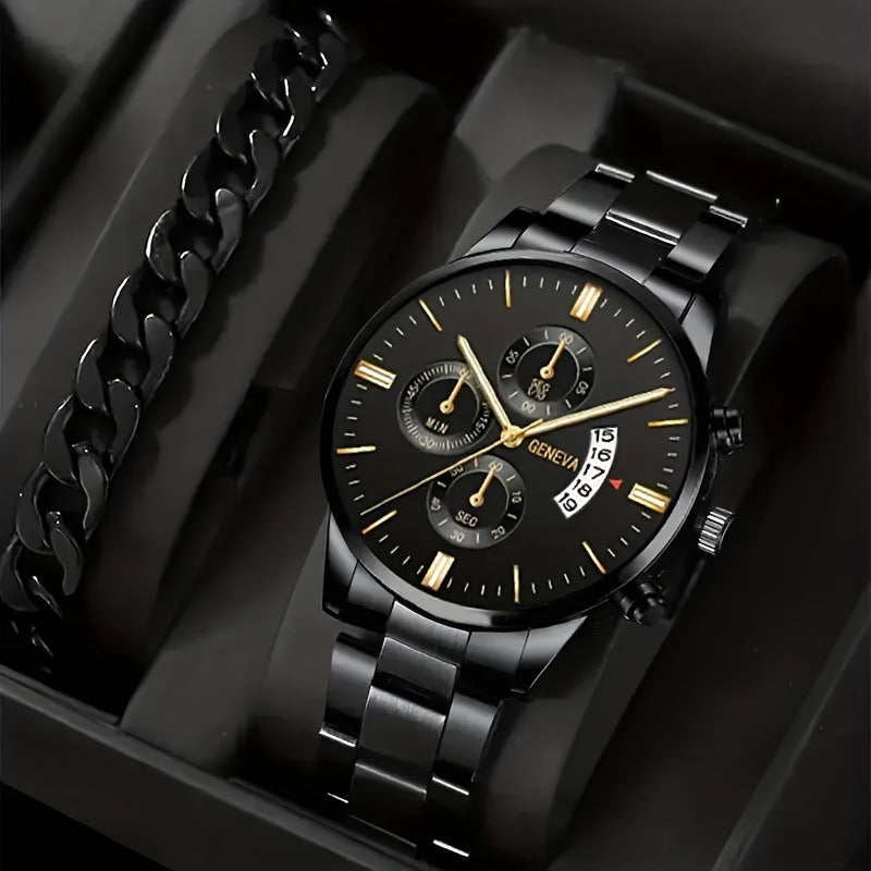 Men's 2-Piece Quartz Watch & Bracelet Set – Fashion Steel Strap Business Watch with Three-Eye Dial